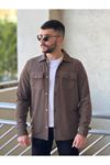 Slimfit Kesim Erkek İnce Çizgi Desen Çift Cepli Gömlek-KAHVE