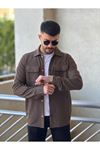 Slimfit Kesim Erkek İnce Çizgi Desen Çift Cepli Gömlek-KAHVE