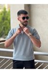 Slimfit Kesim Erkek Örgü Desen Polo Yaka Kalın Cizgili Triko Jakar Tshirt-MAVİ