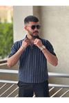 Slimfit Kesim Erkek Örgü Desen Polo Yaka Kalın Cizgili Triko Jakar Tshirt-LACİVERT