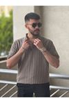 Slimfit Kesim Erkek Örgü Desen Polo Yaka Kalın Cizgili Triko Jakar Tshirt-KÜL