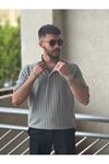 Slimfit Kesim Erkek Örgü Desen Polo Yaka Kalın Cizgili Triko Jakar Tshirt-YEŞİL