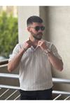 Slimfit Kesim Erkek Örgü Desen Polo Yaka Kalın Cizgili Triko Jakar Tshirt-BEYAZ