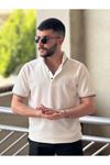 Slimfit Kesim Erkek Örgü Desen Polo Yaka İnce Cizgili Triko Jakar Tshirt-BEYAZ