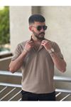 Slimfit Kesim Erkek Örgü Desen Polo Yaka İnce Cizgili Triko Jakar Tshirt-KAHVE