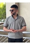 Slimfit Kesim Erkek Örgü Desen Polo Yaka İnce Cizgili Triko Jakar Tshirt-SİYAH