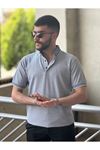 Slimfit Kesim Erkek Örgü Desen Polo Yaka İnce Cizgili Triko Jakar Tshirt-INDIGO