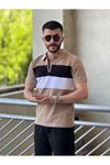 Slimfit Kesim Erkek Polo Yaka Fermuarlı Serit Desen Lacos Kumas Tshirt-KAHVE